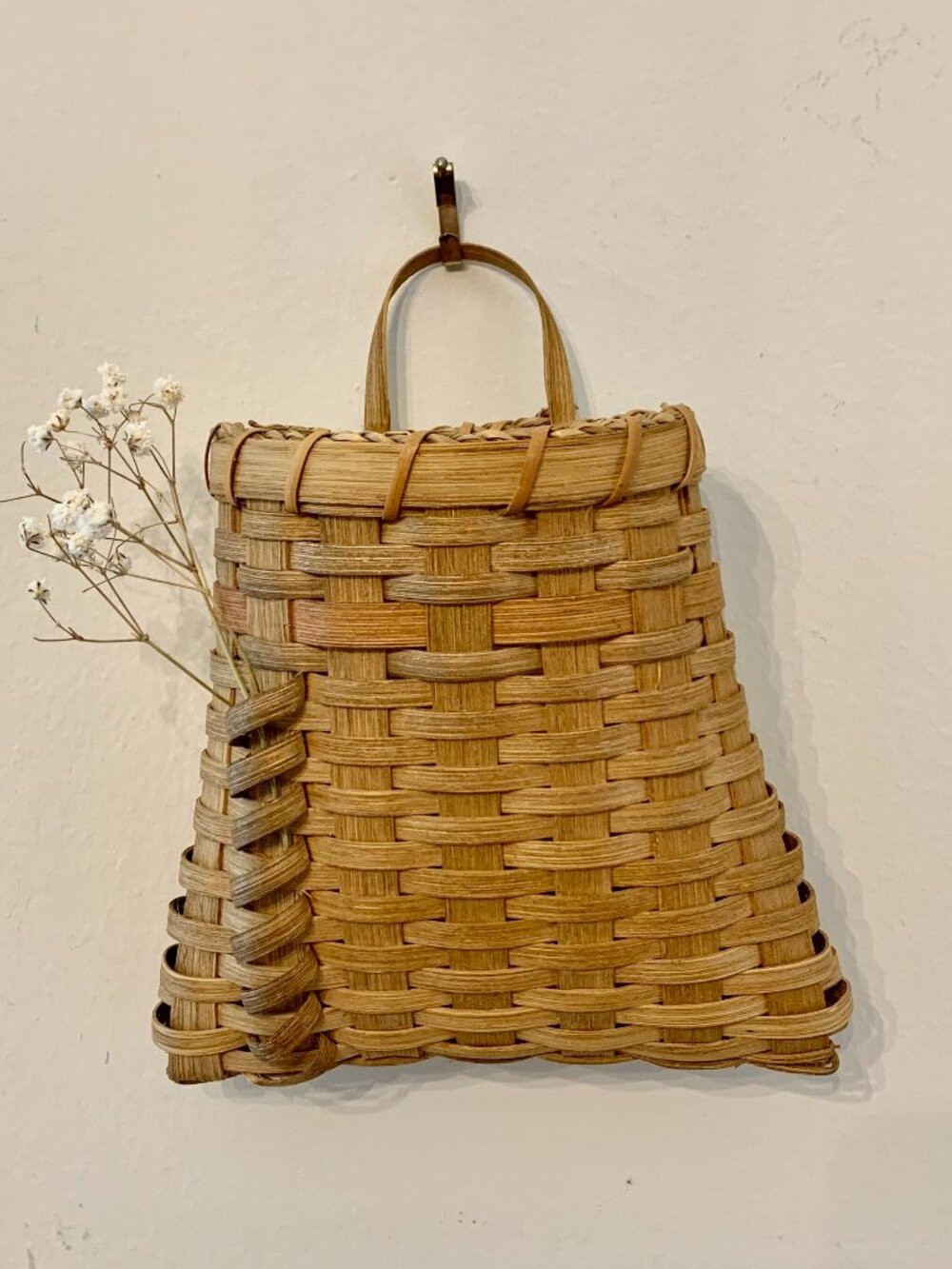 Hanging Basket Artist Signed Handwoven Wicker with Roping and Natural Dyes